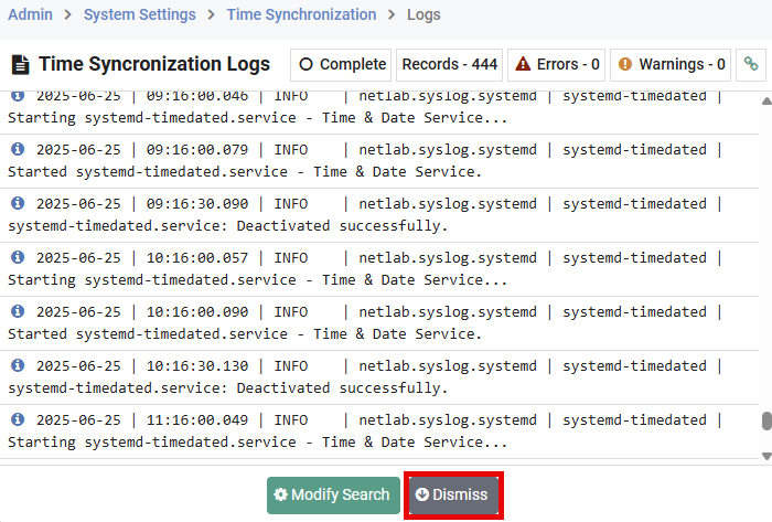 Time Synchronization - Logs Dismiss