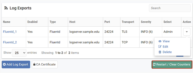 Log Exports Restart / Clear Counters