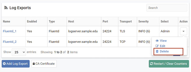 Log Exports - Delete